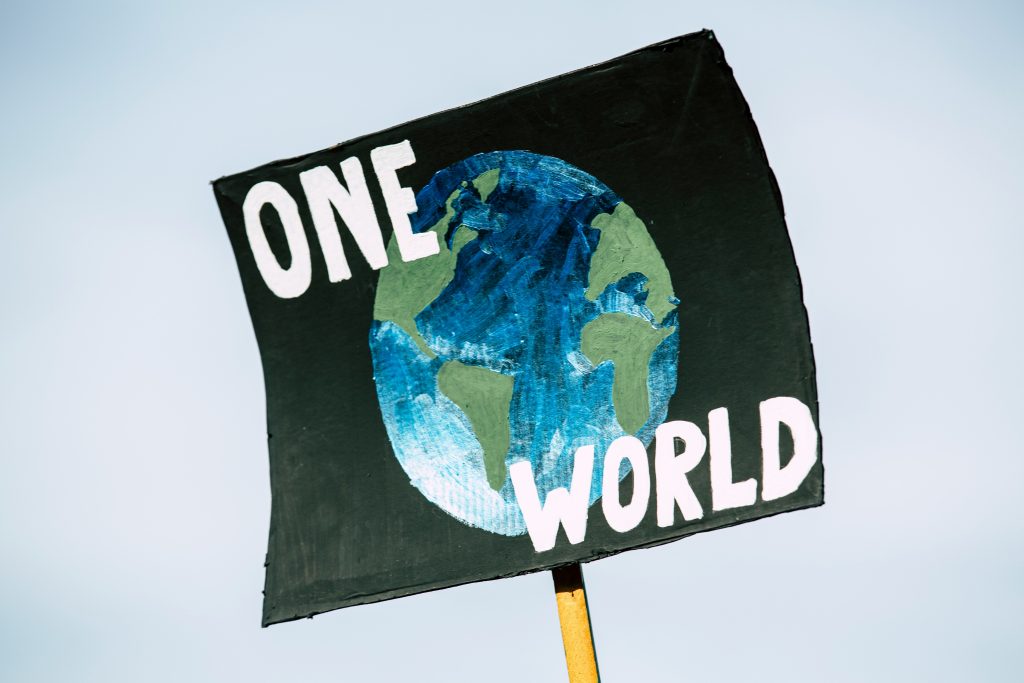 Climate change protest sign depicting a globe and 'One Word' text.