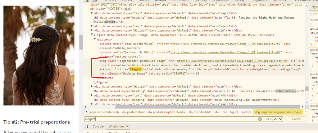 Capture showing alt text and image title of a picture in the HTML