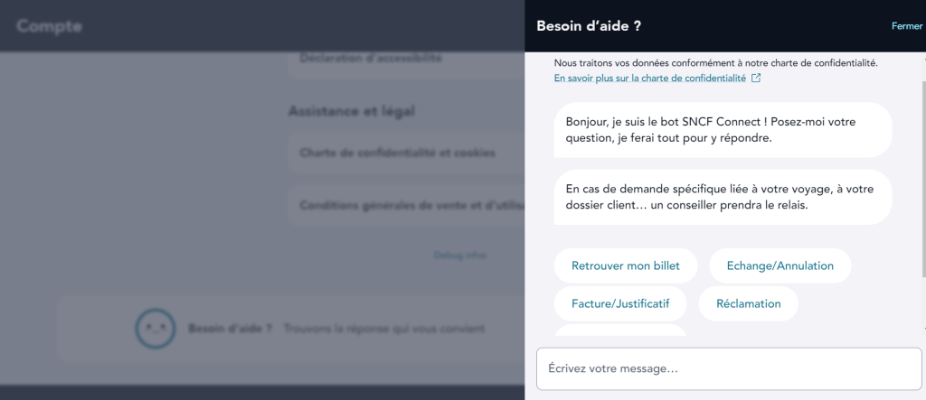 Screeenshot of a french company website chatbox