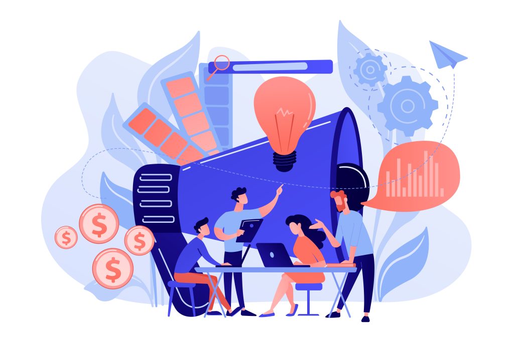 drawing of 4 people working, in the background a giant megaphone