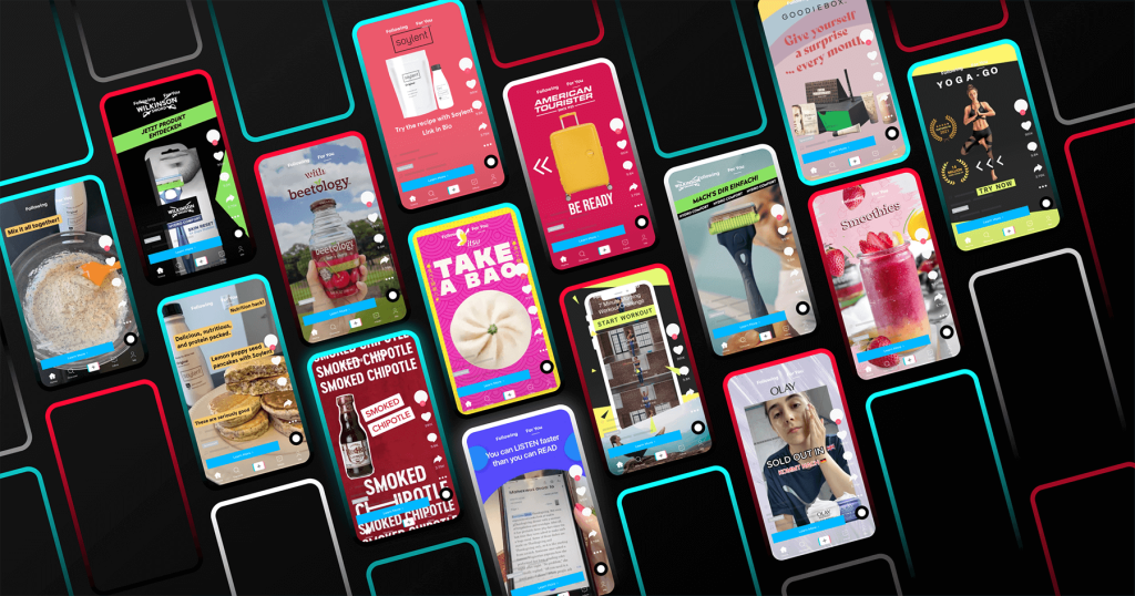 a series of phones showcasing tik tok ads