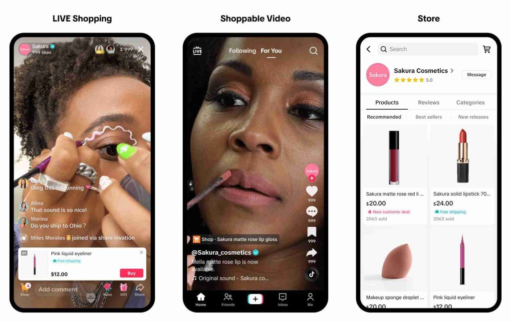 3 phones with different examples of tiktok ads related to cosmetics
