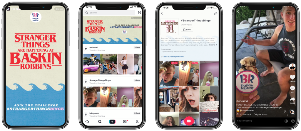 4 phones with different examples of tiktok ads of Stranger Things