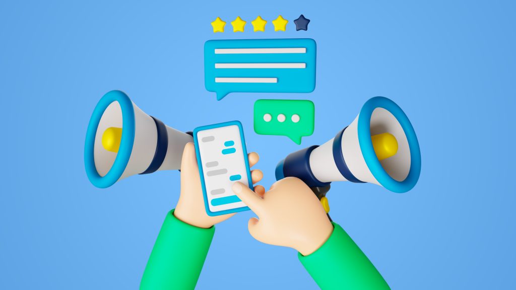 Light blue background with two hands, two megaphones and icons of comments