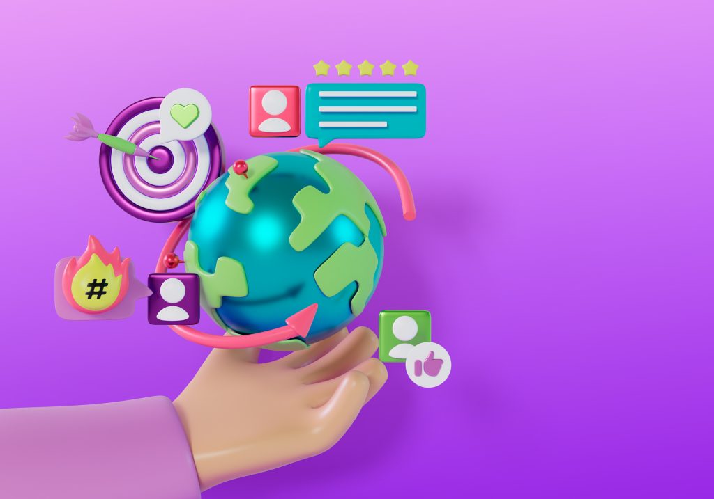 purple background with an icon of a earth held by a hand, with social media logos around