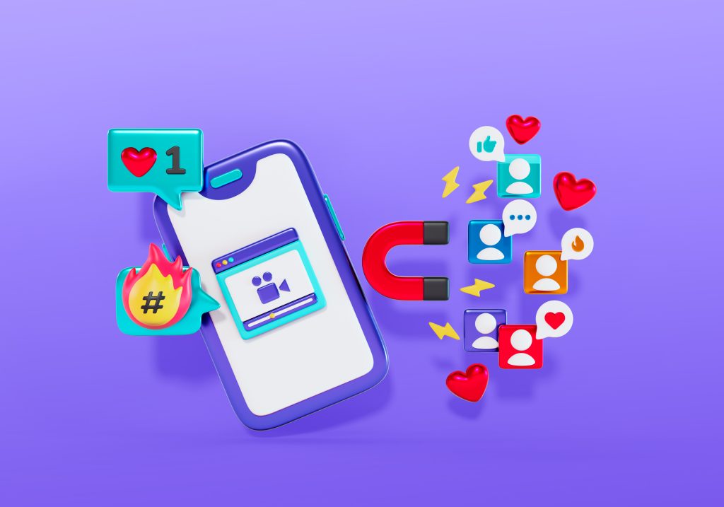 Purple background with an icon of a phone and a magnet attracting social media icons
