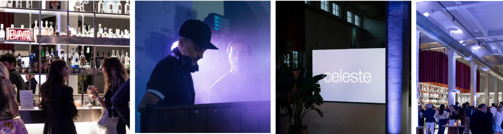 Collage of Images from the Celeste Private Party, a group of people, a dj, a projector and a crowded room