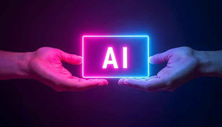 2 hands holding a neon AI sign